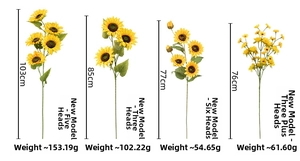 Size chart showing height and weight for artificial sunflower bouquets in four styles