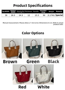 Detailed size specifications and weight chart for the stylish large capacity tote bag