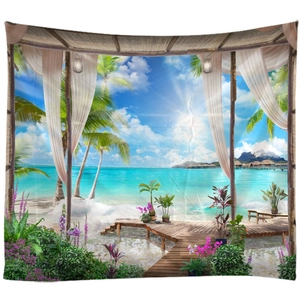 Tropical beach window view tapestry with wooden gazebo and ocean scenery for wall decor