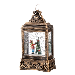 Vintage bronze Christmas snow lantern with festive figurines and shimmering glitter effect