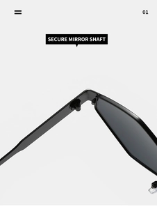 Detalle de la bisagra reforzada y el eje seguro de las gafas de sol negras de moda