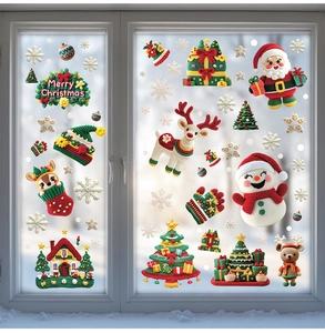 Detail of Christmas window stickers with knit texture, Santa and reindeer on glass