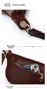 Detail der braunen Leder-Tasche mit Metallringen und versteckter Reißverschlusstasche hinten
