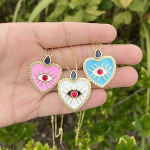 Heart Evil Eye Pendant Necklace Copper 18K Gold Plated Colorful Enamel Zircon Trendy Jewelry For Women