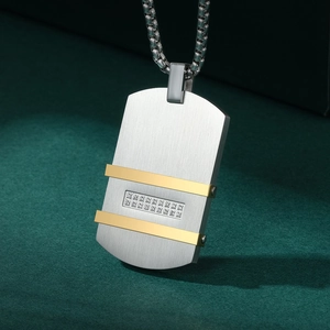 Men's stainless steel military dog tag necklace with gold stripes and crystals
