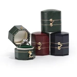 Vintage Ring Box Mini Jewelry Packaging Case Faux Leather Velvet Interior Metal Clasp Octagon Heart Square Shapes