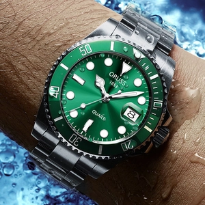 Waterproof business watch with green dial and stainless steel strap with water splash