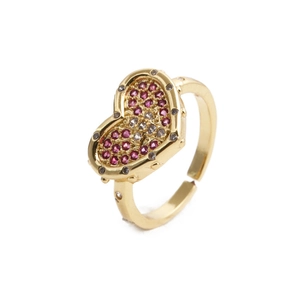 Detail of gold-plated open ring with heart-shaped design and rose red zircon inlay