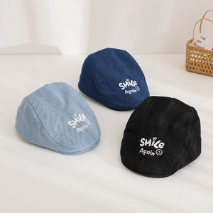 Kids Denim Beret Hat Smile Embroidery Adjustable Flat Cap Breathable Casual Sun Protection Parent Child Korean Style