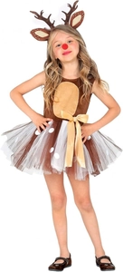 Detail of deer antler headband and child reindeer costume with golden bow belt