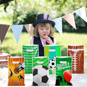Detailed sports theme gift bags featuring basketball, football and soccer designs for parties