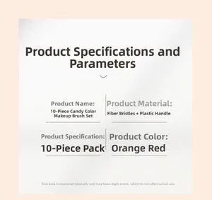 Specifications of 10-piece orange makeup brush set with fiber bristles and plastic handles