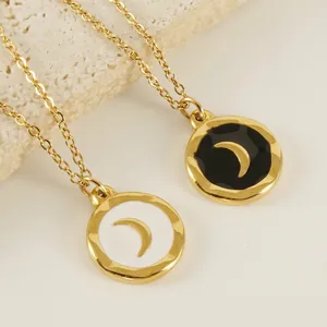 Moon Pendant Necklace Stainless Steel 18K Gold Plated Enamel Minimalist Round Medal Retro Jewelry For Women Men Couple