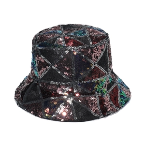 Sparkly geometric sequin bucket hat with vibrant triangle patterns for hip-hop style