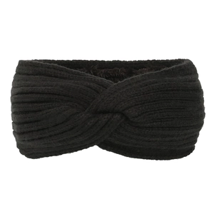 Detailed close-up of a black cable knit winter headband with a stylish twist knot design