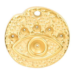 Evil eye gold circular pendant with 18k plating and textured embossed detail