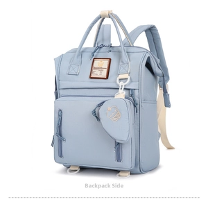 Detail view of high-capacity waterproof light blue backpack with side compartments