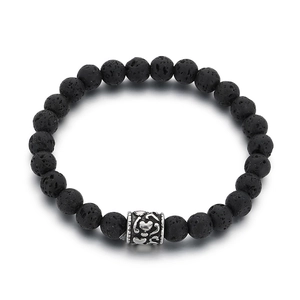 Natural black volcanic stone bead bracelet for men with silver heart alloy charm