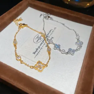 French vintage zircon clover bracelet with pearls in gold and silver finish set
