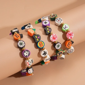 Halloween polymer clay beaded bracelets with pumpkin ghost and skull charms