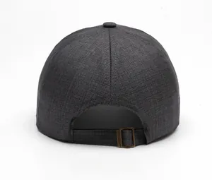 Rear view of dark grey baseball cap with adjustable metal buckle and twill fabric texture