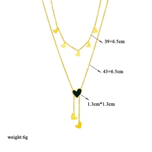 18K gold plated double layer necklace featuring black heart pendant and tassels