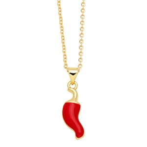 Minimalist gold necklace with a red enamel chili pepper pendant on a white background