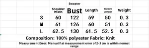 Detailed size chart for striped knit polo sweater with measurements in S, M, and L sizes