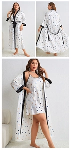 Detail view of cartoon heart print satin robe set with elegant black piping trim