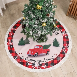 Christmas Tree Skirt Red Truck Buffalo Plaid Pattern Burlap With White Tassel Border Holiday Party Decorative Floor Cover