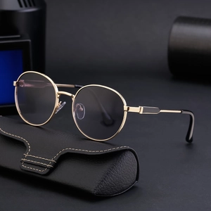 Classic round gold metal frame sunglasses for men with a black leather folding case