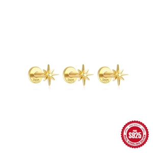 Three gold-plated S925 sterling silver octagram flat back stud earrings with zircons