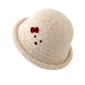 French vintage beige plush bucket hat with teddy bear face and red bow detail