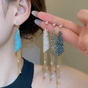 Elegant long tassel earrings with square crystals and colorful hanging stone chains