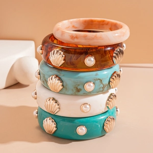 Bracelet Jonc Large En Résine Rétro Avec Coquillage En Métal Et Imitation Künstliche Perle Motif Marbre Géométrique Bijoux Plage Bohème Femme