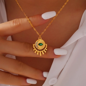 French vintage 18k gold plated sun and eye necklace with green marquise zircon