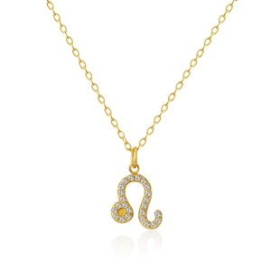Macro detail of gold Leo zodiac pendant necklace with white and yellow zircons