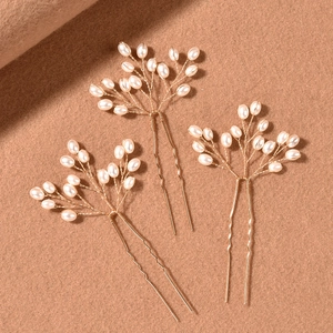 Handmade gold bridal hair pin set with elegant white pearl clusters for wedding hair