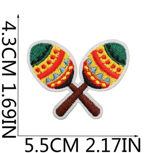 Detail of embroidered maracas patch with dimensions 4.3x5.5cm for festival costumes