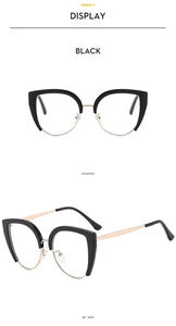 Close-up of black cat-eye glasses frame with gold metal temples from multiple angles