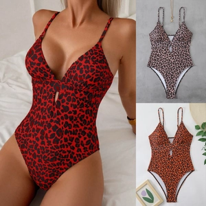 Sexy Women Leopard Print Swimsuit Deep V Neck Hollow Out High Cut Beachwear Padded Polyester Adjustable Spaghetti Straps