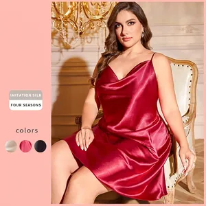 Plus Size Satin Nightdress Cowl Neck Spaghetti Strap Imitation Satin Sleepwear Glossy Camisole Slip Dress For Women