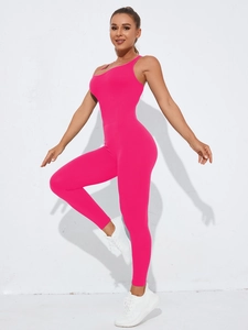 Detailed side view of tight-fitting rose pink seamless yoga jumpsuit with sleeveless design