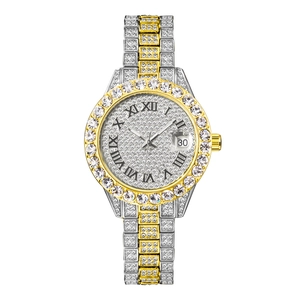 Montre à quartz luxe or et argent avec accents diamant et affichage de date lumineux