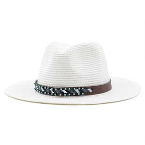 White woven straw Fedora hat with colorful bead ribbon band and flat brim for summer