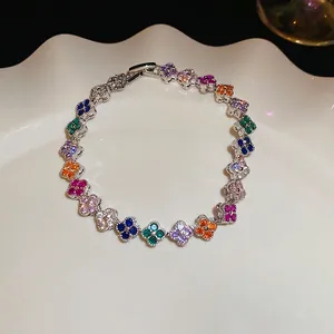 Clover Flower Bracelet For Women Copper Cubic Zirconia Buckle Link Jewelry Rainbow Fashion Elegant Accessory