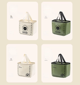 Detail view of Creamy White and Matcha Green insulated lunch bags with cute cartoon prints