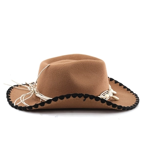 Detailed side view of a brown felt cowboy hat with white rope and decorative beads