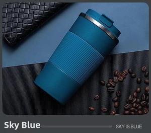 Sky Blue insulated coffee mug with anti-slip grooves and matte finish on dark background