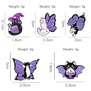 Halloween cartoon purple magic cat enamel pins set for bag accessories and brooches